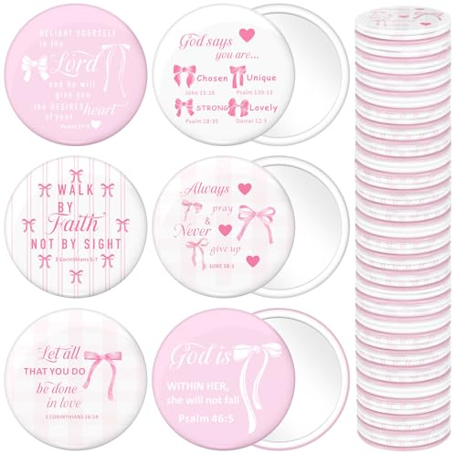 Namalu Lot de 48 mini miroirs de poche avec nœud rose pour la Saint-Valentin, cadeaux chrétiens inspirants en vrac pour femme, miroir de maquillage rond portable pour église (verset de la Bible)