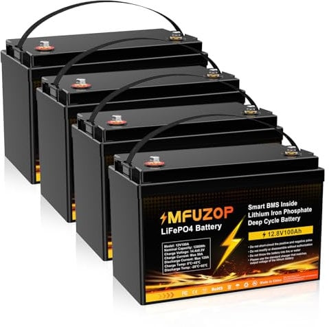 MFUZOP 4PCS 12V 100Ah LiFePO4 Lithium Battery with 100A BMS, 1280Wh Lithium Iron Phosphate Battery, 8000-15000 Deep Cycle Battery, Support in Series/Parallel, for RVs, Boats, Solar Panel System