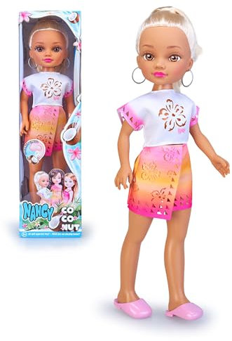 Nancy Coconut Blonde, Muñeca Vestida con un Conjunto Veraniego, Rubia de Ojos Marrones con Tez Oscura, Juguete con Olor a Coco Real, +3 años, Famosa (NAC88100)
