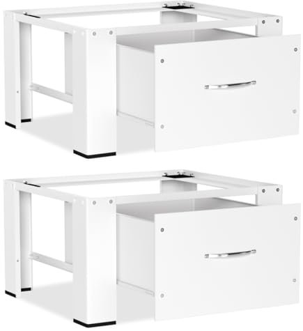 Herrselsam 2x Universal Waschmaschinen Unterschrank mit Schublade 62x54x32 cm, Podest für Waschmaschine und Trockner, geräuschreduzierende Gummiauflage, ideal für Waschmaschine, Trockner, Weiß
