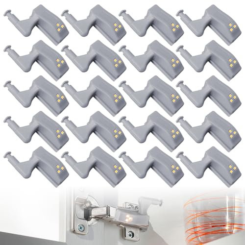 20 unidades de luz LED con sensor de bisagras, luz LED universal para bisagras interiores (blanco cálido), luz LED con sensor de luz, funciona con pilas para armarios y armarios