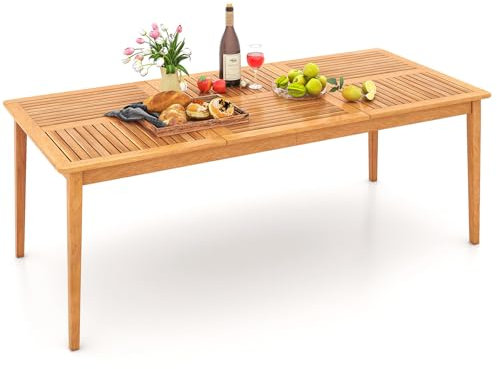 COSTWAY Mesa Jardin Exterior, 200 x 90 cm, Madera de Acacia, Mesa Rectangular para 8 Personas, Agujero para Sombrilla de 5 cm, Mesa Comedor Terraza Balcon Jardin Exterior (200x90cm Madera)