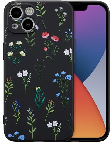 RALEAVO Case for iPhone 14, Cute Flower Silicone Slim Cover, Black/Daisy | For iPhone 14 Liquid Silicone Phone Case, for Girls Women Aesthetic Flowers Shockproof Protective Soft Cover