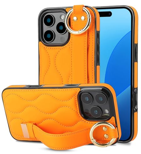 Kainevy for Apple iPhone 16 Pro Max Case Silicone Leather with Wrist Strap Stand Ring for Women Girls Cute Aesthetic Trendy Cover Heavy Duty Rugged Soft Phone Case for iPhone 16 Pro Max (Orange)