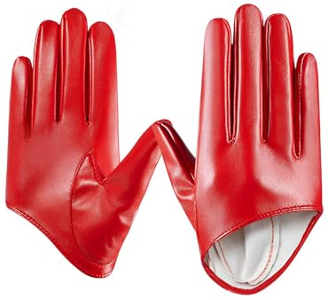 UYRVAPE Kurze Lederhandschuhe, halbe Handfläche, ohne Futter, Gothic Cosplay Zubehör, Handschuhe, Unisex, Schwarz, extra kurze Handschuhe aus Kunstleder, halbe Handfläche, weich, für Party, Rot
