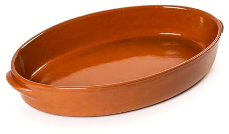 Cazuela besuguera tartera olla ovalada baja en barro esmaltado calidad (BARRO ESMALTADO ROJO, 38 x 23 x 6 cms)