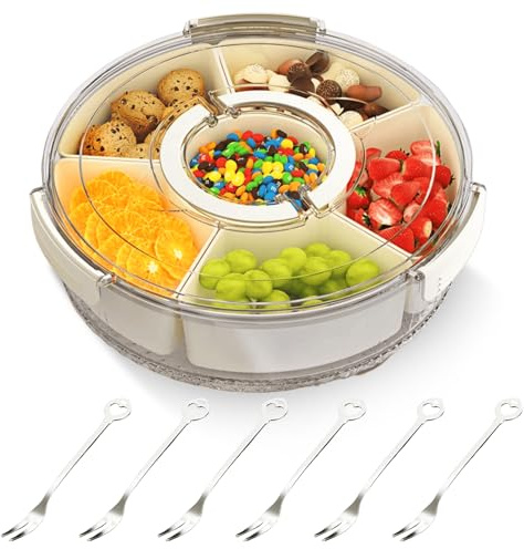 Snackbox Mit 6 FäChern, Groß Runde Drehbare Snackteller Mit Deckel und Griff Snackschale mit 6 Obstgabel Snacktablett Snackdose Organizer Herausnehmbare Snack Aufbewahrungsbox für Party, Picknick