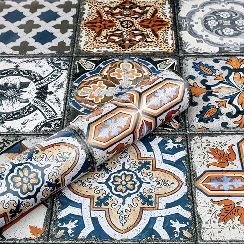ReWallpaper Vinyl Wrap Tile Effect Peel and Stick Wallpaper Boho Vintage Contact Paper Baroque Pattern for Furniture Kitchen Counter 44.5CMx3M Colourful Tiles Wall Paper Roll Removable