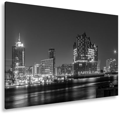 deyoli Leinwandbild Lichtermeer der Stadt – Hamburgs Nacht in voller Pracht. Format: 120x80cm Effekt: Schwarz&Weiß XXL Kunstdruck Bild auf Keilrahmen/Wandbild/Wohnzimmer Dekoration