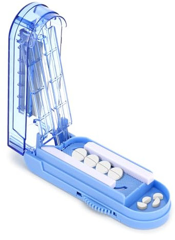 Zikenis Coupe-Comprimé,avec Lame et Compartiment,pour Couper et Écraser Petits et Gros Cachets,Coupe-pilule multiple,pour usage quotidienet les animaux domestiques,les voyages,Bleu