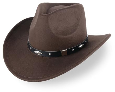 DTREEL Klassischer Cowboyhut für Männer und Frauen Filz breite Krempe Western Cowboyhut mit Gürtelschnalle (Coffee)
