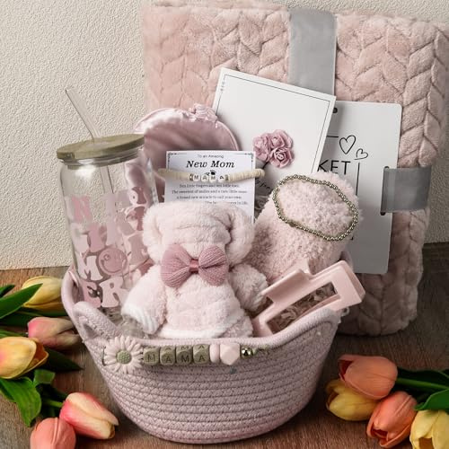 Newwiee 12 Pcs New Mom Package After Baby After Birth Baby Shower Gift Set Mothers Day Present for New Mom with Blanket Postpartum Essential Kit Pregnancy Gifts for First-Time Moms(Pink,Elegant)