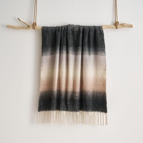 Ombre Design Faux Mohair Throw 130 x 170cm – Luxury Super Soft Fringed Sofa Blanket, Large Size, Easy Care, Machine Washable, 100% Polyester (Grey)