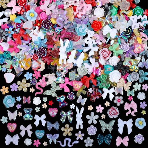 3D Mix Nail Charms - Multicolor Acrylic Nail Accessories - Mixture Cute Resin Charms With Bow Butterfly Heart Flower Bear Design - Nail Art Charms For Home Holiday Party DIY Gifts Crafts Decoration