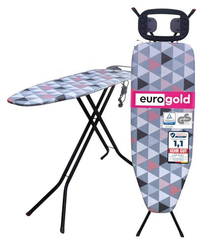 EUROGOLD® Bügelbrett 120x42 cm mit Steckdose für herkömmliche Bügeleisen | Extrabreiter, robuster Bügeltisch – stabil, höhenverstellbar und klappbar für komfortables Bügeln, in Europa gefertigt, Rosa
