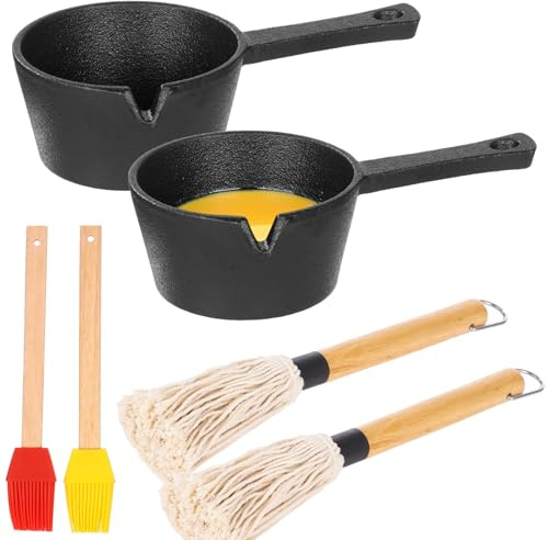 Lot de 2 casseroles à badigeonner en fonte de 400 ml avec bec verseur d'huile et large poignée, comprend une brosse à franges pour barbecue et une brosse à thé en bois pour barbecue en plein air