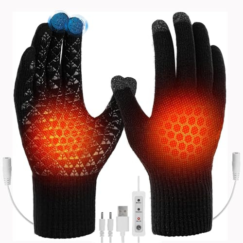 USB Heated Gloves for Men Women, Full Finger Electric Heated Gloves 3 Levels Adjustable Temperature Thermal Heating Mittens, Double-sided Heating Knitted Hand Warmers Gloves for Winter Gift