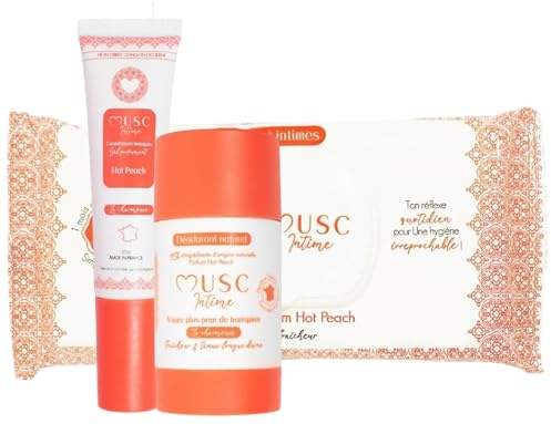 MUSC INTIME La Marque Officielle - Gel Parfumant + Déodorant Anti transpirant + Lingettes Intimes - Les Indispensables - Hot Peach - La Charmeuse - Parfume, Protège et Rafraîchit