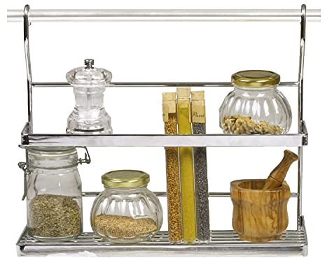 Amig - Vassoio organizer da parete | ripiano in acciaio cromato lucido | gancio per spezie e condimenti o utensili in cucina e dispensa | Dimensioni: 43 x 27 x 17 cm