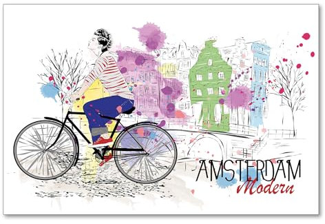Postereck - 0752 - Amsterdam, Zeichnung Fahrrad Frau Holland Bunt - Spruch Schrift Wandposter Fotoposter Bilder Wandbild Wandbilder - Poster - 3:2-30,0 cm x 20,0 cm