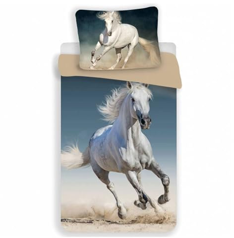 Jerry Fabrics Horse 03 Bett, 100% Baumwolle, Beige, Blau, Weiß, One Size 140x200 + 70x90 cm