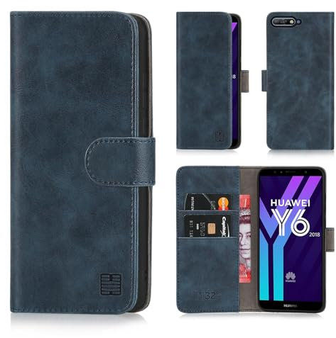 32nd Essential Series - Étui Portefeuille en Cuir PU Flip Coque pour Huawei Y6 (2018), Housse avec Fentes CB et Fermeture Magnétique - Bleu Marin