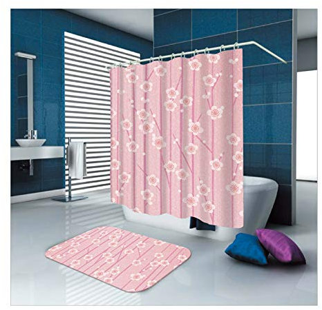 Daesar Rideau Baignoire Anti Moisissure Fleurs Rose Rideaux Douche 150x180 CM Tapis de Bain 40x60 CM Ensemble Tapis de Bain et Rideau