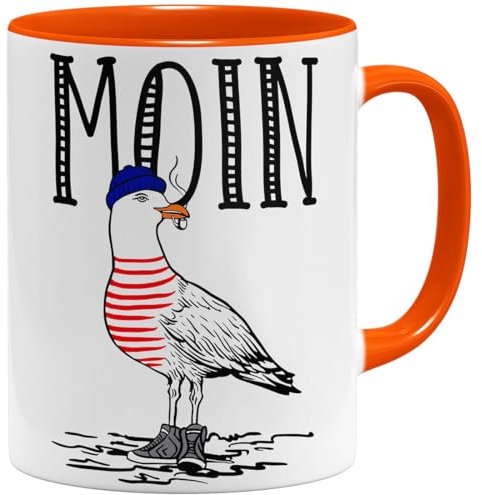 OM3® Seemöwe Moin Kaffee-Tasse mit Spruch - Guten Morgen Möwe II - Keramik Becher - 11oz 325ml - Beidseitig Bedruckt - Orange
