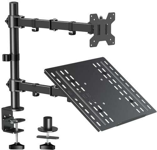 ELIVED Monitor Arm with Laptop Tray for Most 13 to 32 Inch LCD LED Screen & up to 17 Inch Notebook, Height Adjustable Monitor and Laptop Stand with VESA 75/100mm, 2 Mounting Options EV024