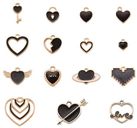Beadthoven 60 Stück Herzanhänger aus schwarzer Emaille, vergoldete Legierung, Herz-Anhänger für Hochzeit, Halskette, Ohrringe, Schmuckherstellung