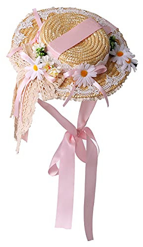 COSDREAMER Chicas Mujeres Tea Party Sun Hat Lolita Lace Ribbons Sombreros de paja (Rosa)