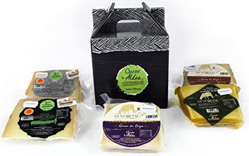 QUESOS LA ALDEA | Caja Regalo Gourmet – 5 Cuñas de Queso de Oveja y Manchego D.O.P | Curado, Semicurado, Romero, Manteca, Aceite de Oliva | Cesta de Navidad | Caja Gourmet para Regalar