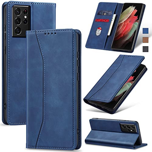 Jasonyu Handyhülle für Samsung Galaxy S21 Ultra Hülle Leder Flip Klappbare Stoßfeste Magnetische Premium PU Leder Standfunktion Kartenfächern Schutzhülle Klapphülle für Samsung S21 Ultra,Blau