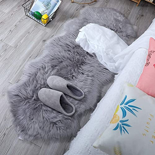 JXLOULAN Nachahmung Lammfell Teppich Grau 60 x 160 cm Lammfellimitat Teppich Künstlicher Fell Wolle Bettvorleger Sofa Matte