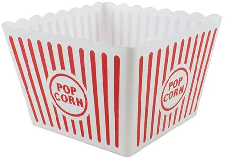 Popcorn' großer weißer und roter Kunststoffhalter (22,5 x 17,5 x 15,2 cm), 1 Stück, wiederverwendbar und stilvoll, bedrucktes Streifen-Design, perfekt für Gruppentreffen und Retro-Filmabende