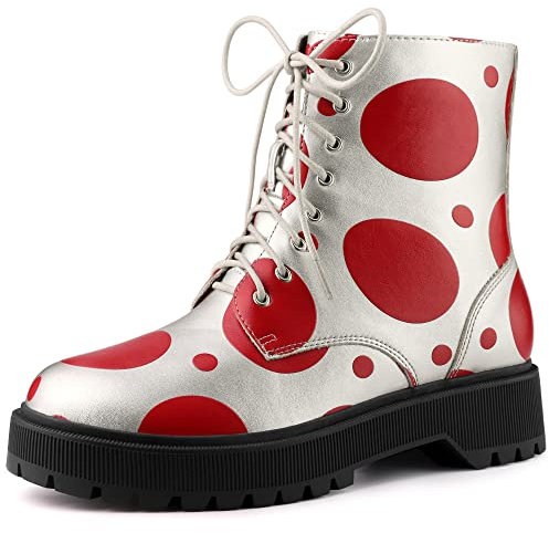 Allegra K Damen Plateau Schnürschuh Polka Dots Printing Combat Boots, silberfarben / rot, 38 EU
