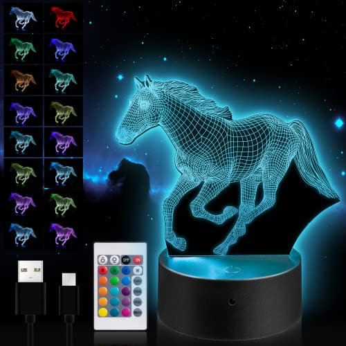 Moocuca Lampe Pferd, 3D LED Illusion Lampe, Pferd Nachtlicht für Kinder, Nachtlicht mit Fernbedienung 16 Farbwechsel Dimmbar Nachtlichter, Nachtlicht Junge Mädchen Schlafzimmer Dekor