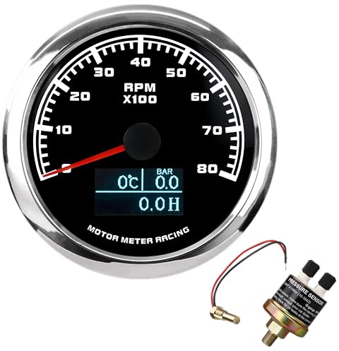 MOTOR METER RACING W Pro 85mm 4in1 Multi-Function Tachometer | Rev Counter, Water Temp, Oil Pressure, Hour Meter, 8000 RPM, Black Dial, White LED, Tachometer Filter Required