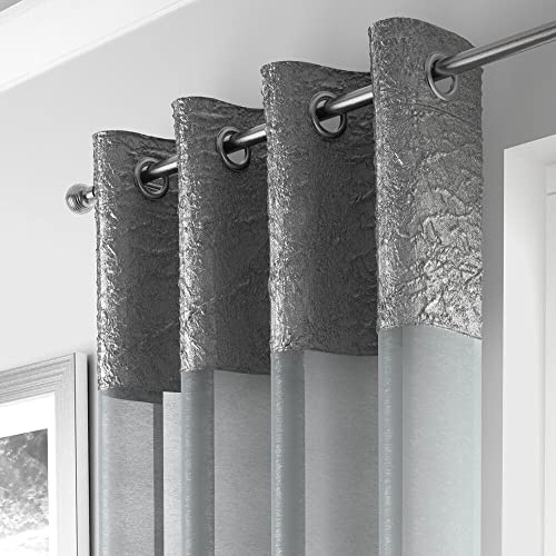 Maple Textiles A Pair of Silver Grey Eyelet Heading Voile Crushed Metallic Satin Curtain Panel Ring Top Available in 3 sizes (2, Grey Silver, 90(229cm) Drop)