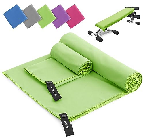 Mikrofaser Handtuch 2er Set | 180x60cm Groß Badetuch + 80x40cm Klein Hand Gesichtshandtuch | Schnelltrocknend Mikrofaser Handtücher, Sporthandtuch Fitnessstudio für Fitness Strand Gym (Grün)