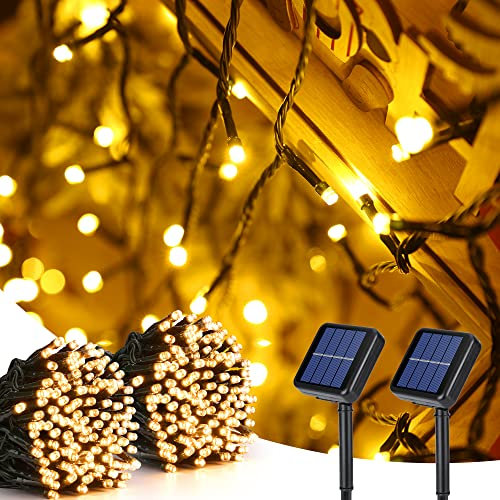 BrizLabs Luces Solares Navideñas, 2 Piezas 22M 200 LED Guirnaldas Luces Exterior Solares 8 Modos Navidad Cadena de Luz Solar Decoración Para Jardin Patio Interior Dormitorio Vacaciones, Blanco Cálido