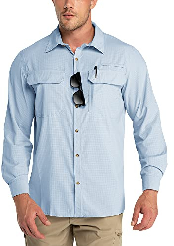 Outdoor Ventures Men's Long Sleeve Shirts UV Protection Outdoor Shirts Breathable Button-Down Shirt Wicking Quick Drying Safari Shirt with Pockets for Hiking Fishing Golfing, Light Blue, XL