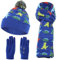 NATUST Mütze Schal Handschuh-Sets für Jungen Dinosaurier Wintermütze mit Bommel Warmer Strickschal Handschuhe Blau