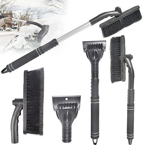 Qooloo Eiskratzer Auto mit Besen, 2 in 1 Schneekratzer Auto mit 360° Bürstenkopf Eiskratzer, Abnehmbar Auto Einziehbare Schneebürste, Schneebesen Auto Scheibenkratzer für PKW, LKW, SUV (Schwarz)