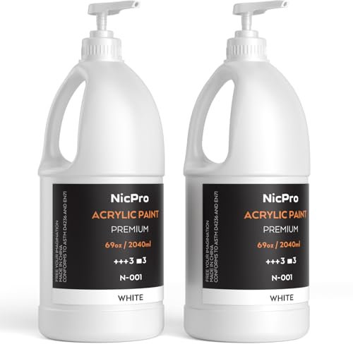 Nicpro 2 Pack White Large Acrylic Paint Set (69 oz, 2040 ml) Rich Art Painting Supplies Non Toxic for Multi Surface, Canvas, Wood, Leather, Fabric Stone Craft, for Kid & Adult with Pump