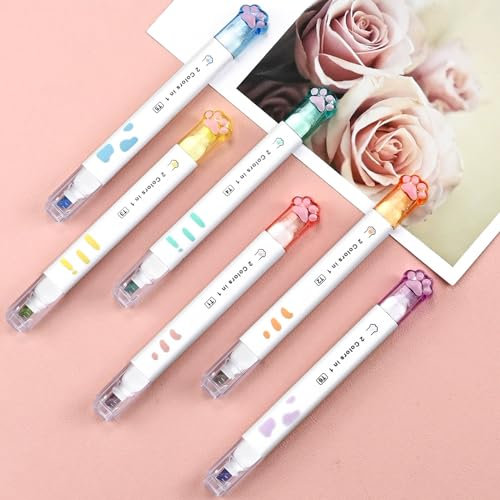 6 Stück Doppelköpfige Textmarker, 12 Farben Niedliche Katzenkrallenform Textmarker Set, Helle Augenschutz Flache Köpfe Aesthetic Marker Stifte, Perfekt Zum Marker Assorted Farben in Schule Büro