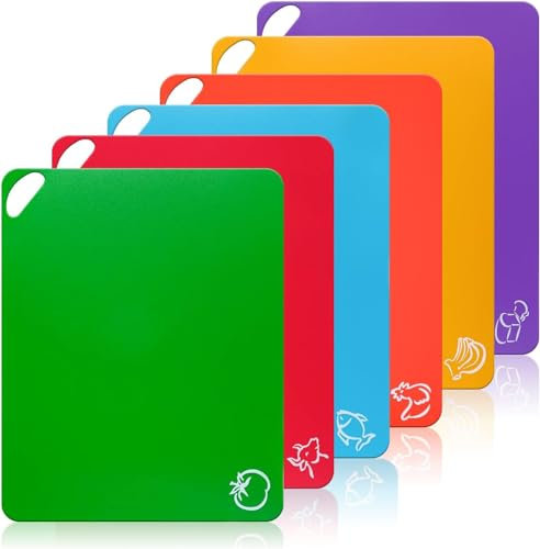 Jeffbaubl Schneidebrett,6 Stück Buntes Schneidebrett Küche,Flexible Kunststoff-Schneidebrett-Matten mit Lebensmittel-Icons,Farbiger Schneidematte Küche für Fisch Obst Fleisch Brot Gemüse,38 x 30.5cm
