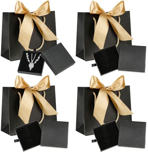 4 Stück Schmuckschachtel, Schmuck Geschenkbox mit 4 Stück Geschenktasche, Geschenkbox Klein mit Deckel Schmuckverpackungen Schwarz, Schmuckschachtel Klein für Ringe, Halsketten, Ohrringe
