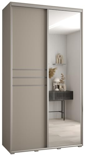 MEBLE KRYSPOL Dakota 11 Schrank mit Zwei Schiebetüren - Moderner Kleiderschrank mit Spiegel, Kleiderstange und Regalen - 235,2x140x60cm - Kaschmir Silber