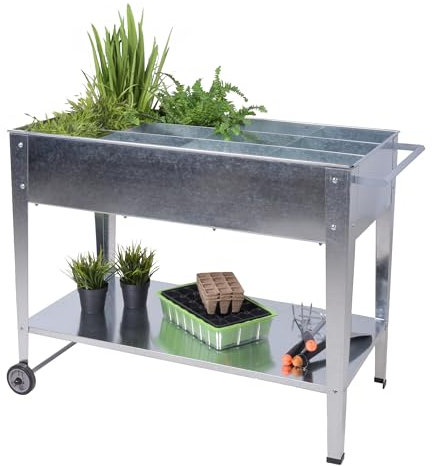 Jardinière surélevée en métal à roulettes - 110 x 52 cm - Jardinière avec 12 compartiments et étagère - Jardin, potager, parterre d'herbes aromatiques, parterre de fleurs avec étagère et compartiments